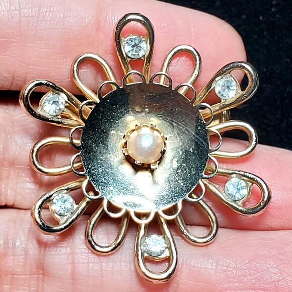 Clear Rhinestone Faux Pearl Gold Tone Vtg Unsigned 1.5" Floral Flower - Picture 2 of 4